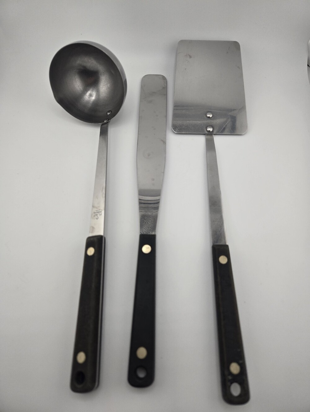 Vtg Flint Stainless USA 3pc Utensil Set Ladle Spatula Turner Silver/Black